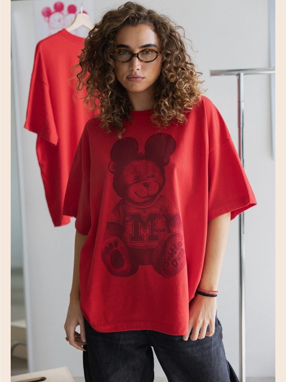 Relaxed Red Graphic Tee with Teddy Bear Print